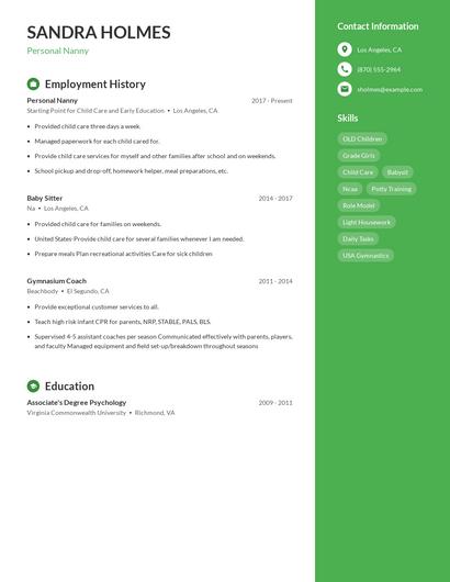 Personal Nanny Resume