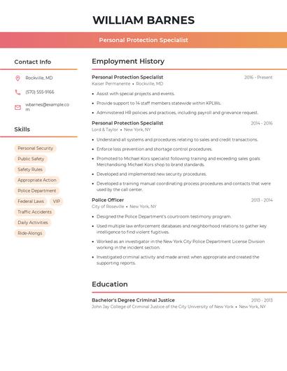 Personal Protection Specialist Resume