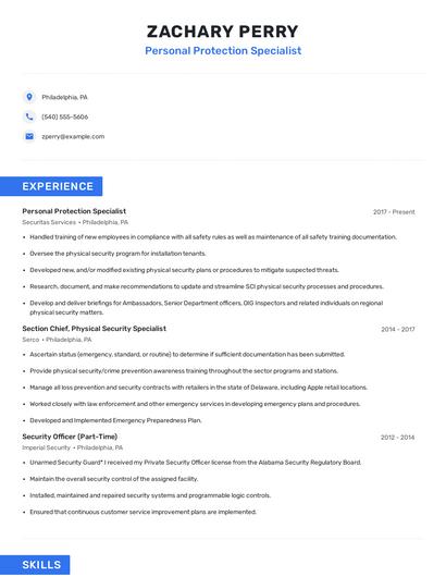Personal Protection Specialist Resume
