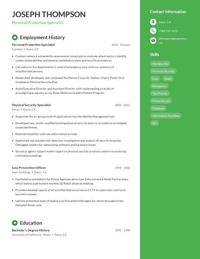 Personal Protection Specialist Resume