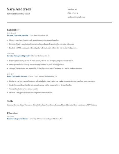 Personal Protection Specialist Resume