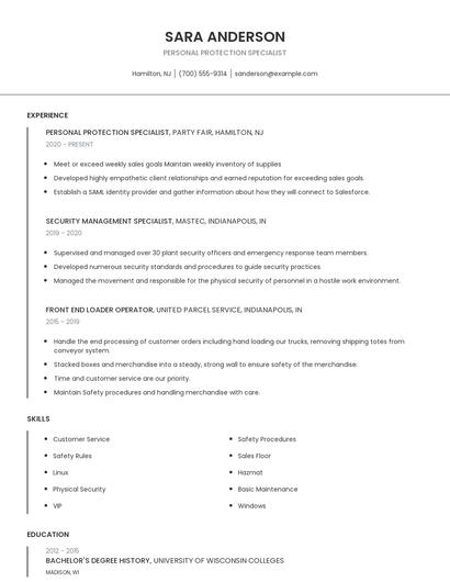 Personal Protection Specialist Resume