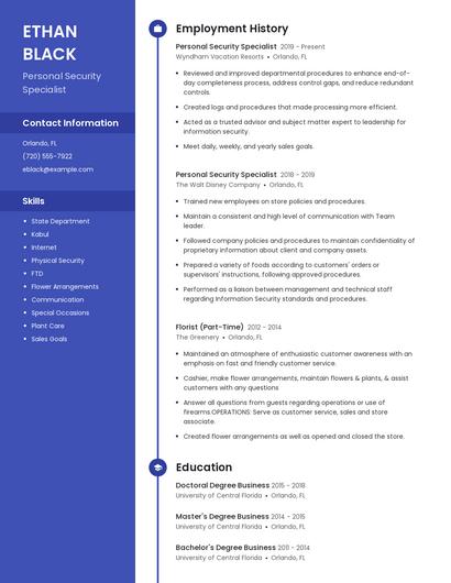 Personal Security Specialist Resume