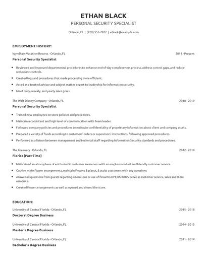 Personal Security Specialist Resume