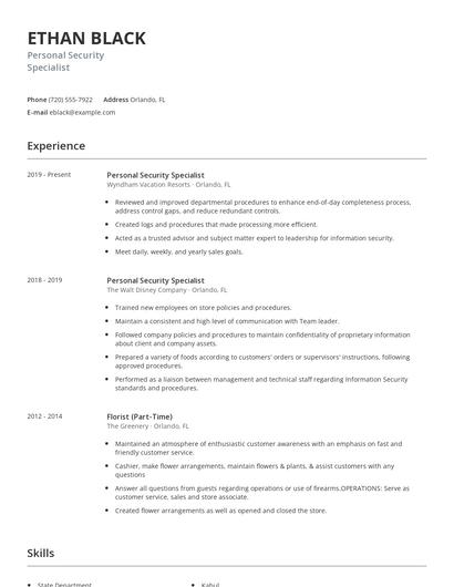 Personal Security Specialist Resume