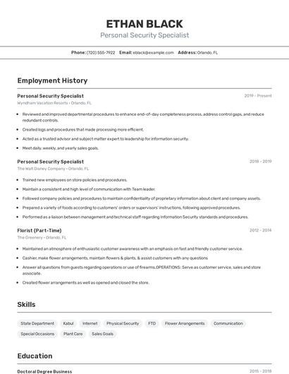 Personal Security Specialist Resume