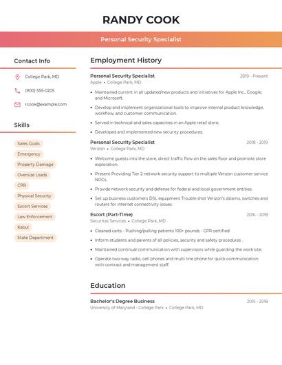 Personal Security Specialist Resume
