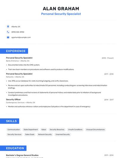 Personal Security Specialist Resume