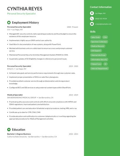 Personal Security Specialist Resume