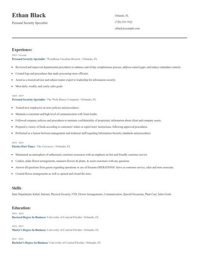 Personal Security Specialist Resume