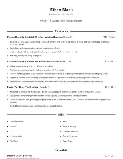 Personal Security Specialist Resume