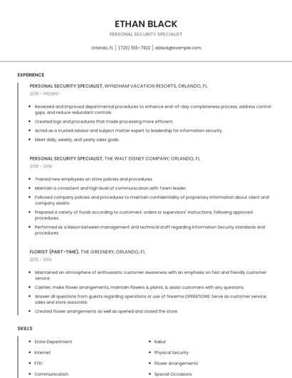 Personal Security Specialist Resume