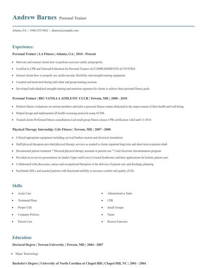 Personal Trainer Resume