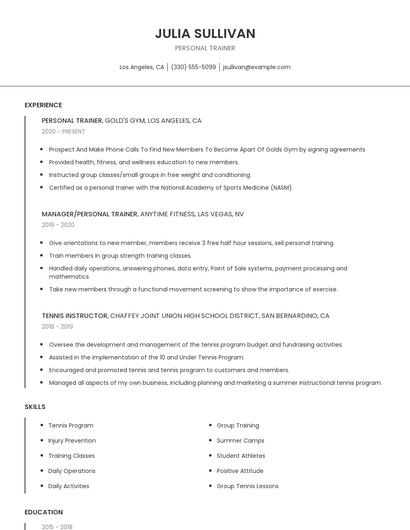 Personal Trainer Resume