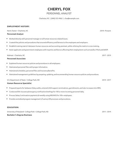 Personnel Analyst Resume