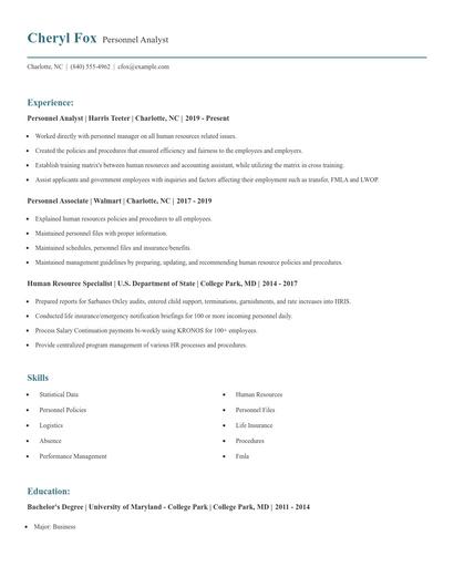 Personnel Analyst Resume