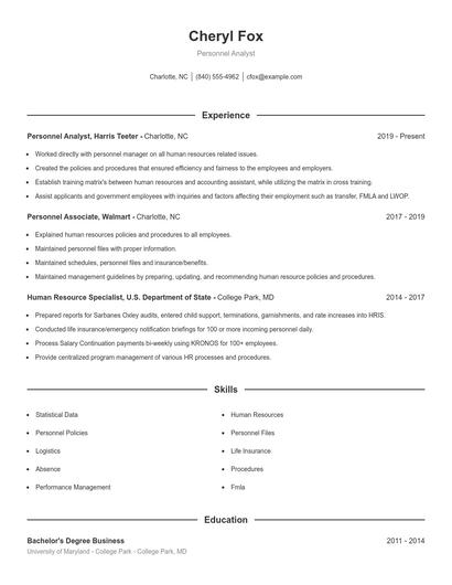 Personnel Analyst Resume