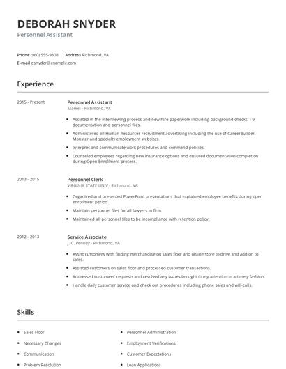 Personnel Assistant Resume