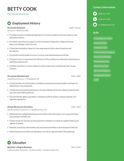 Personnel Assistant Resume