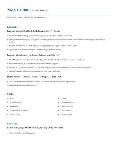 Personnel Assistant Resume