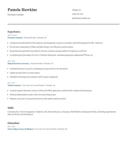 Personnel Assistant Resume