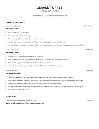 Personnel Clerk Resume