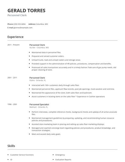 Personnel Clerk Resume