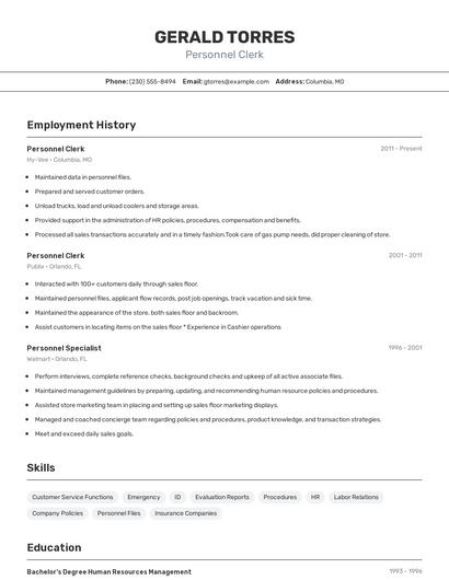 Personnel Clerk Resume