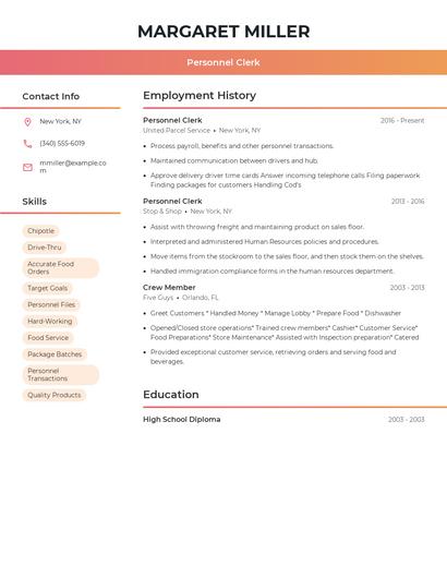 Personnel Clerk Resume