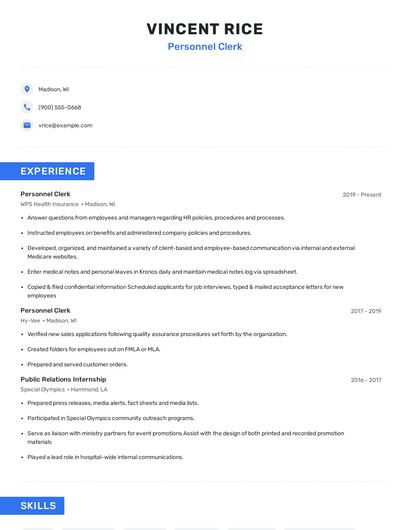 Personnel Clerk Resume