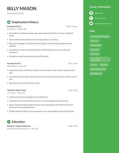 Personnel Clerk Resume