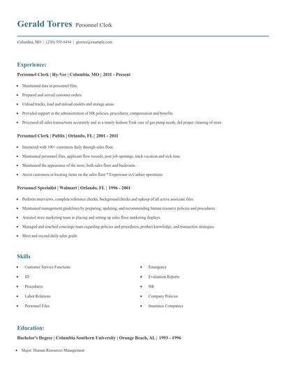 Personnel Clerk Resume