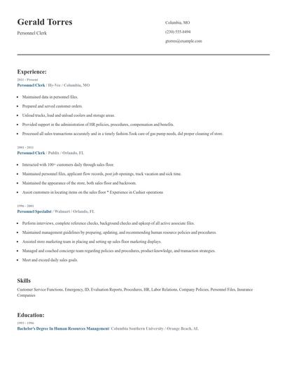 Personnel Clerk Resume