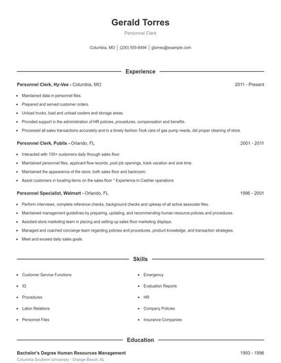 Personnel Clerk Resume