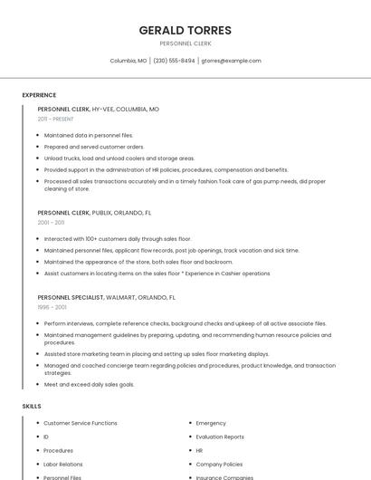 Personnel Clerk Resume