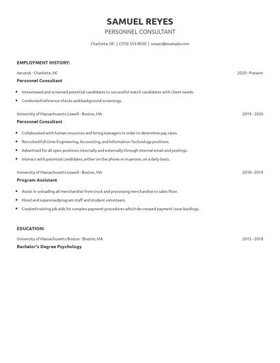 Personnel Consultant Resume