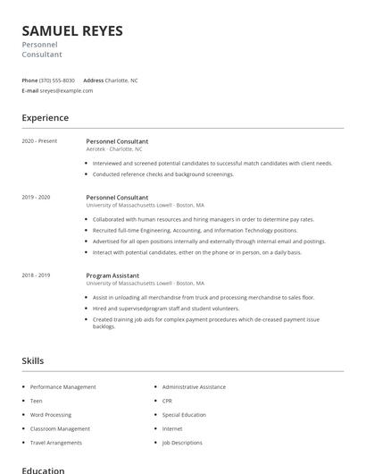 Personnel Consultant Resume