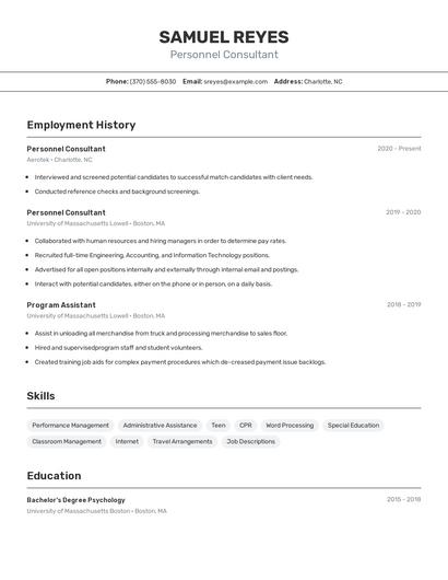 Personnel Consultant Resume