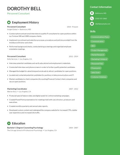 Personnel Consultant Resume