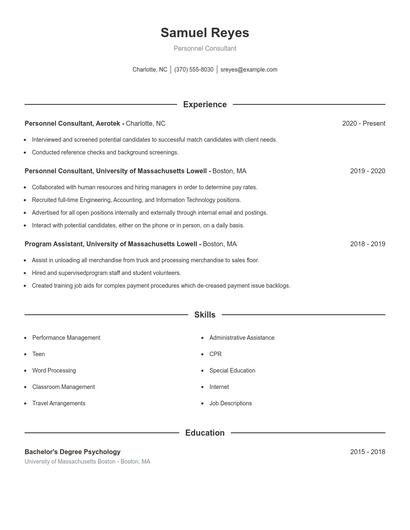 Personnel Consultant Resume