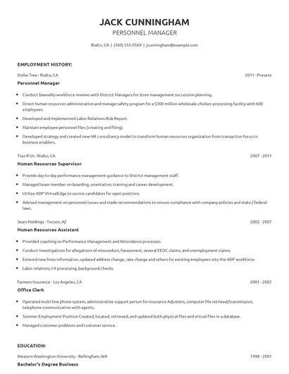 Personnel Manager Resume