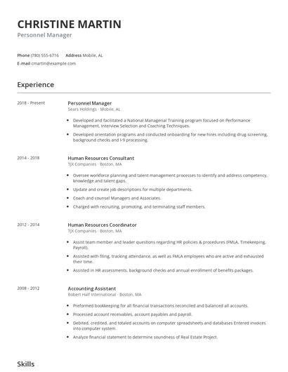 Personnel Manager Resume