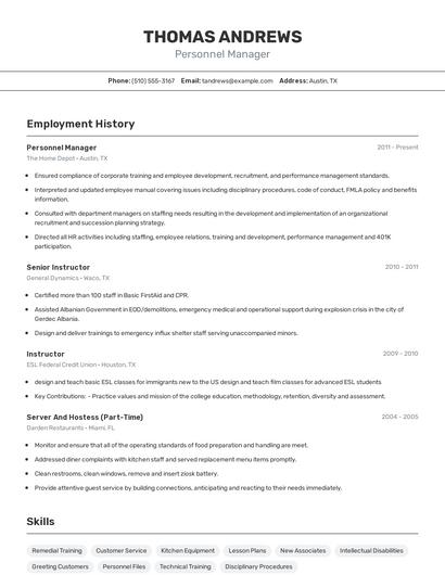 Personnel Manager Resume