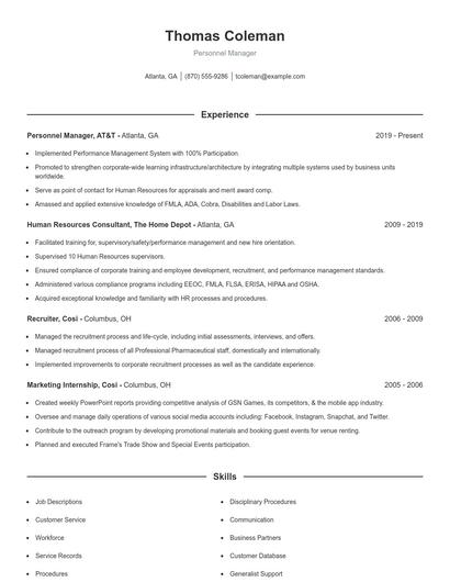 Personnel Manager Resume
