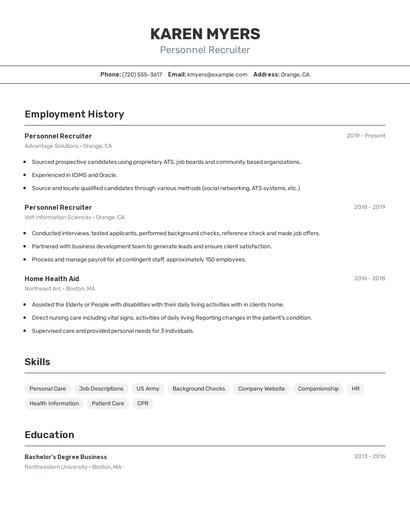 Personnel Recruiter Resume