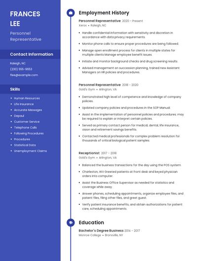Personnel Representative Resume