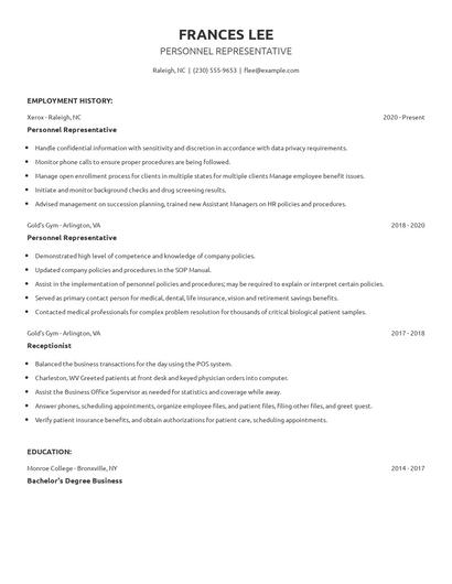 Personnel Representative Resume