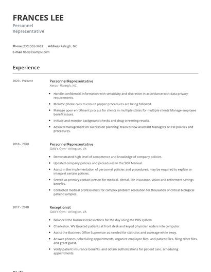 Personnel Representative Resume