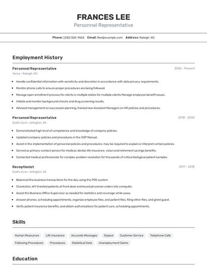 Personnel Representative Resume