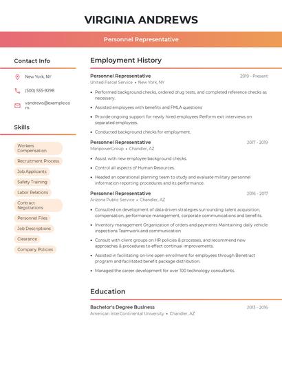 Personnel Representative Resume